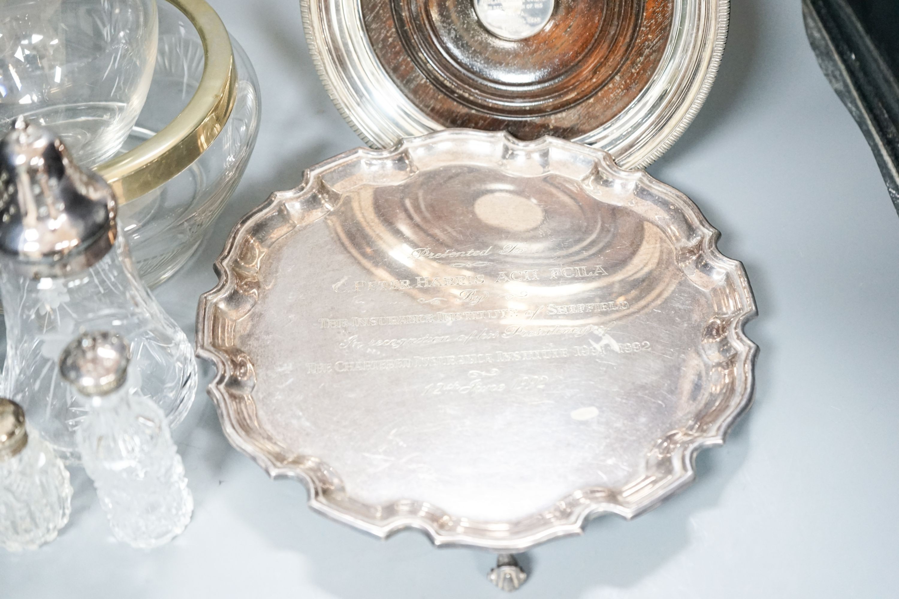 A plated coaster, silver mounted ewer etc